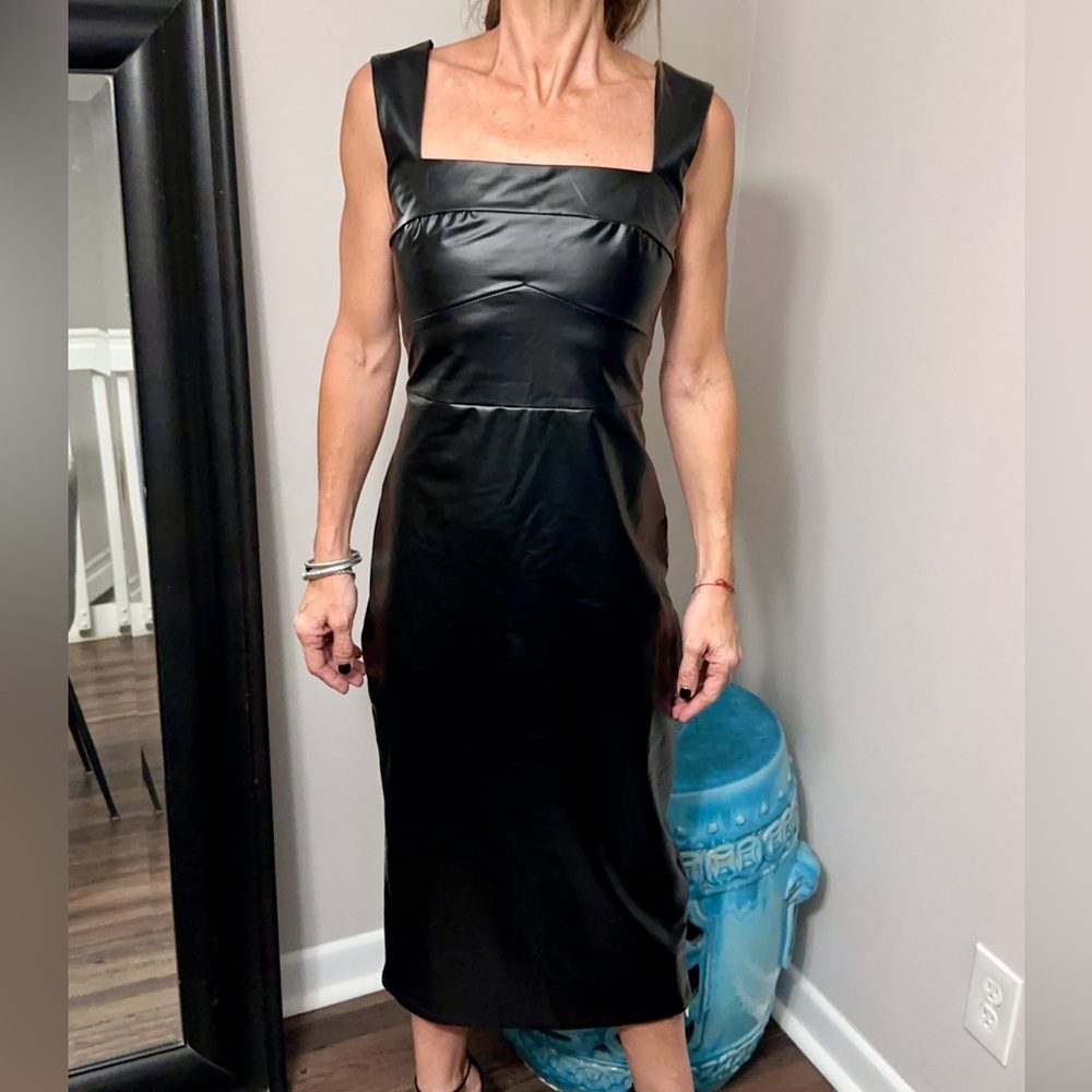 Sexy faux leather Midi Dress In Black, Square neckline, pencil silhouette XS NWT